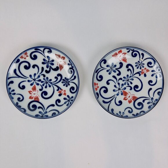 Pier 1 Set of 2 Replacement Butterfly Porcelain 6" Plates Blue Red Floral - Picture 1 of 6